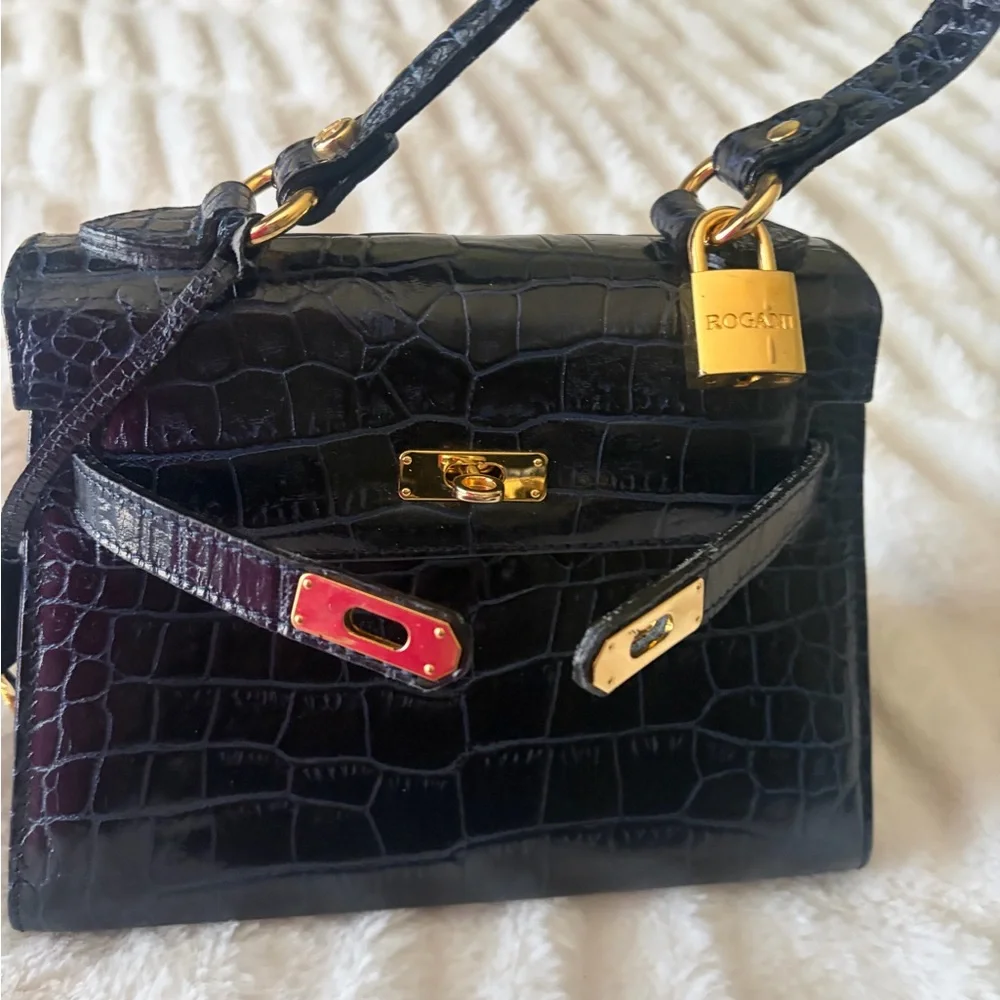 Black Croc-Embossed Top Handle Satchel with Gold Hardware - Picture 6 of 7
